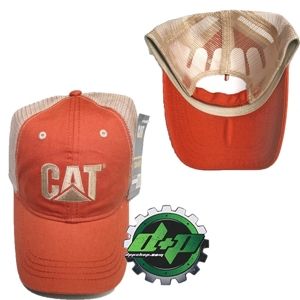 CAT logo Caterpillar Orange Twill Trucker hat tan mesh truck diesel gear cap